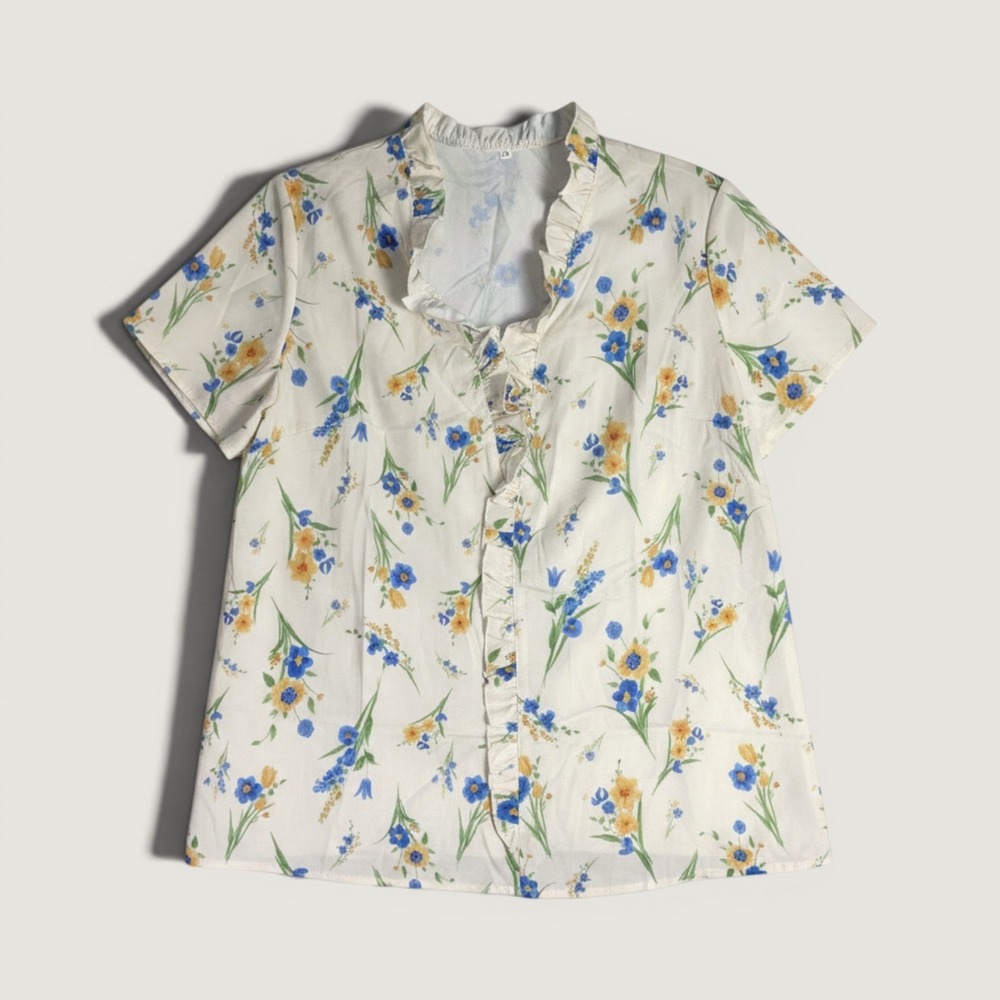 Floral Ruffle Blouse Womens‎ Cream Long Sleeve Romantic Cottagecore Top M